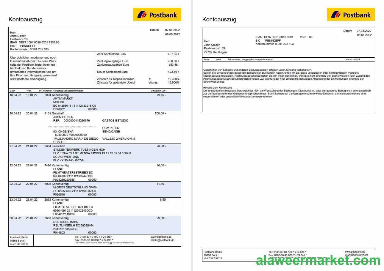 Germany Postbank statement 2 pages